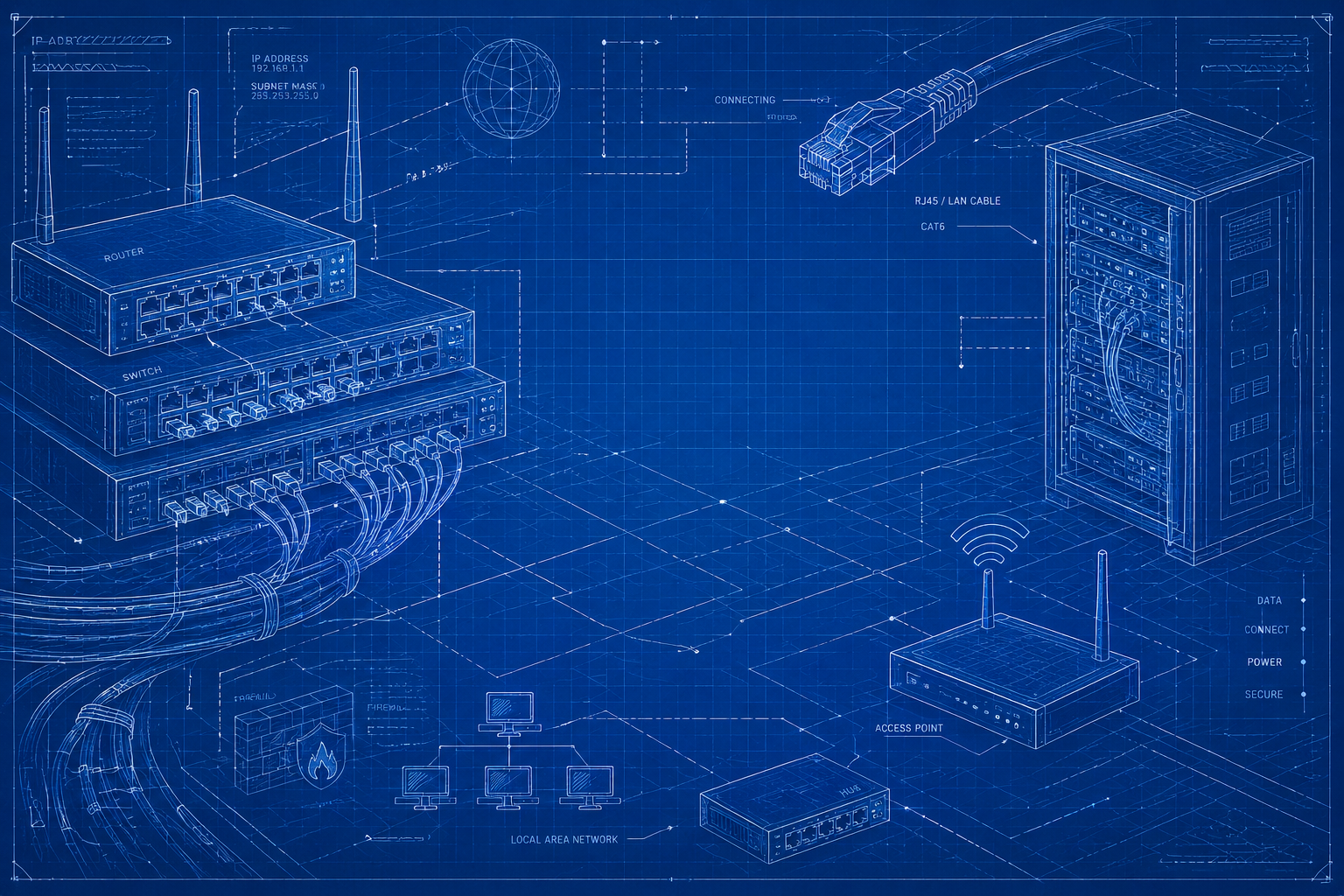 Blueprint schematic of network infrastructure — router, switch, RJ45 LAN cable, server rack, access point and firewall